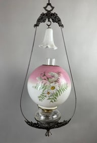 Antique Hanging Oil Light Fixture with Floral Glass Shade