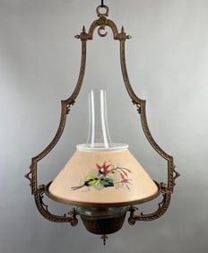 Antique Bronze Hanging Oil Lamp with Floral Glass Shade