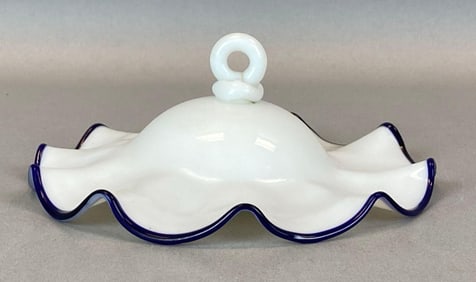 Antique Cobalt Ruffled Edge White Glass Smoke Bell