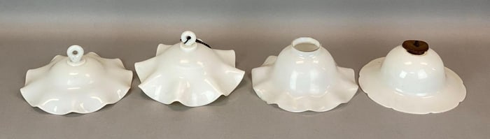 Group of 4 Antique White Ruffled Glass Smoke Bells