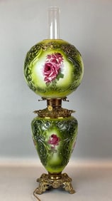 Antique Victorian Rose Motif Hurricane Table Lamp
