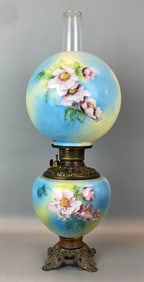 Antique Victorian Floral Motif Hurricane Oil Table Lamp