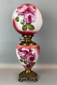 Antique Victorian Rose Motif Hurricane Oil Table Lamp