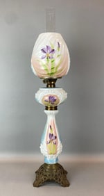 Antique Victorian Floral Art Glass Oil Table Lamp