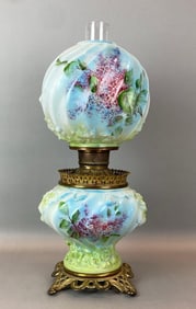 Antique Victorian Floral Art Glass Hurricane Oil Table Lamp