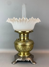 Antique Victorian White Glass Ribboned Shade Oil Table Lamp