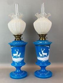 Group of 2 Antique Victorian Art Glass Oil Table Lamps