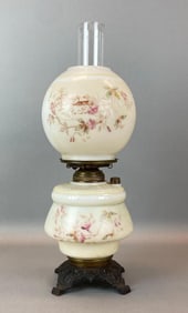Antique Victorian Floral Motif Hurricane Oil Table Lamp