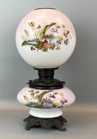 Antique Victorian Calla Lily Motif Hurricane Oil Table Lamp