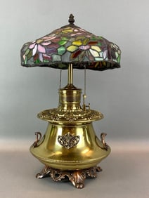 Antique Victorian Floral Slag Glass Shade Table Lamp
