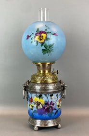 Antique Victorian Floral Motif Hurricane Oil Table Lamp