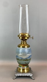 Antique Scenic Elk Motif Oil Table Lamp