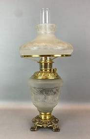 Antique Victorian Frosted Etched Glass Oil Table Lamp