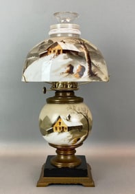 Antique Victorian Winter Scene Motif Oil Table Lamp