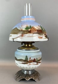 Antique Victorian Scene Motif Oil Table Lamp