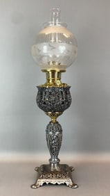 Antique Victorian Filagree Hurricane Oil Table Lamp