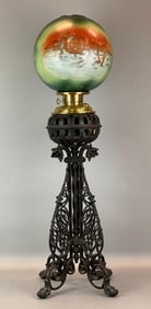 Antique Victorian Wrought Iron Winter Scene Oil Lamp