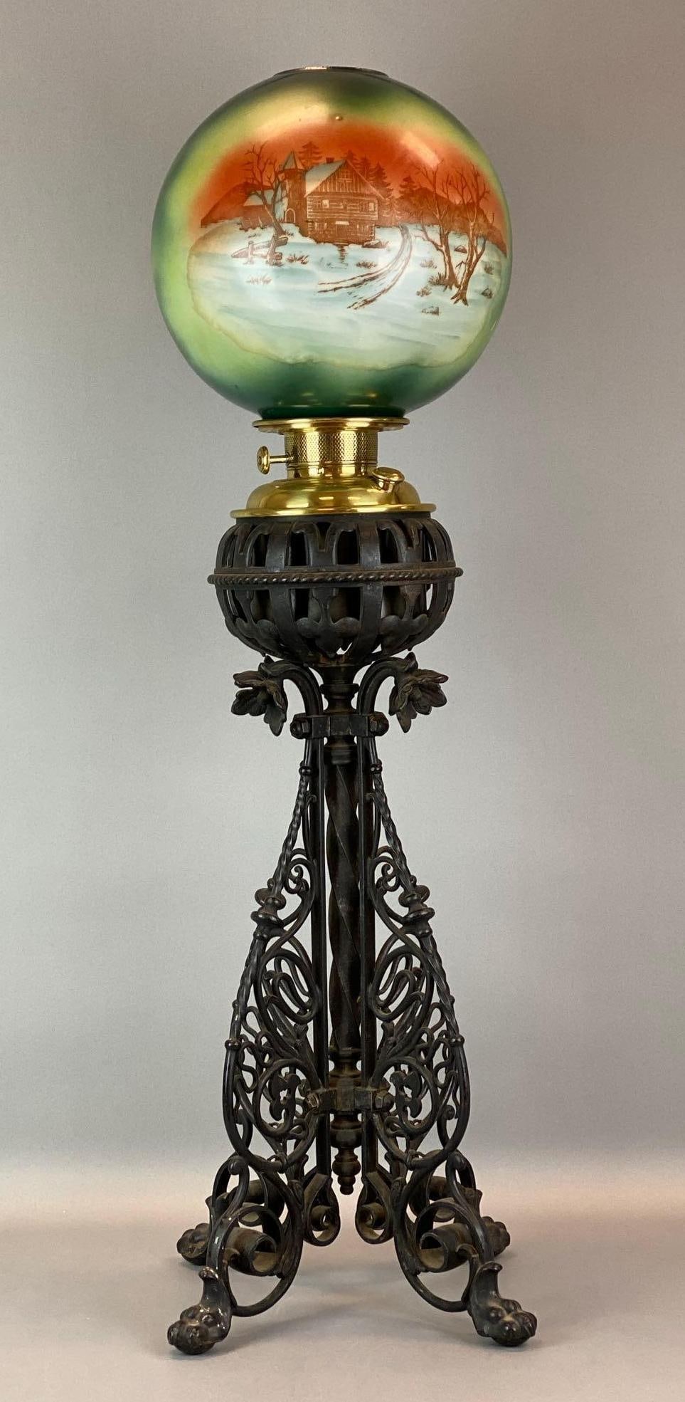 Antique Victorian Wrought Iron Winter Scene Oil Lamp (1 of 5)