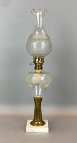 Antique Etched Glass Ribboned Chimney Oil Table Lamp