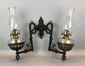 Antique Cast Iron Dual Oil Lamp Wall Sconce