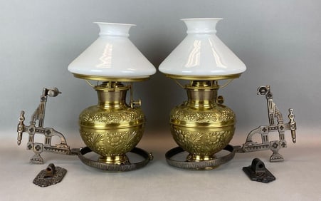 Group of 2 Antique B and H Brass Oil Lamp Wall Sconces