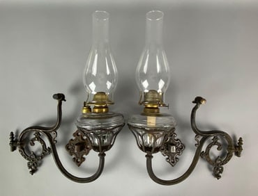 Group of 2 Cast Iron Floral Oil Lamp Wall Sconces