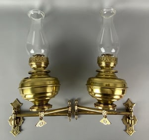 Group of 2 Antique Brass Oil Swing Arm Oil Lamp Wall Sconces