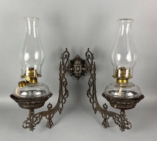 Antique Cast Iron Dual Arm Oil Lamp Wall Sconce