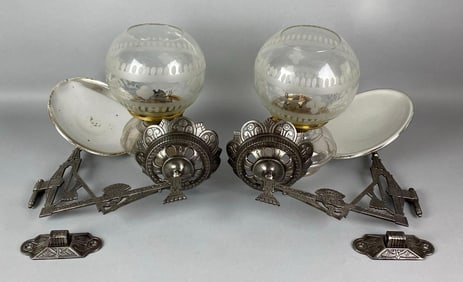 Group of 2 Antique Cast Iron Oil Lamp Wall Sconces