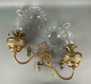 Group of 2 Antique Filagree Brass Oil Lamp Wall Sconces
