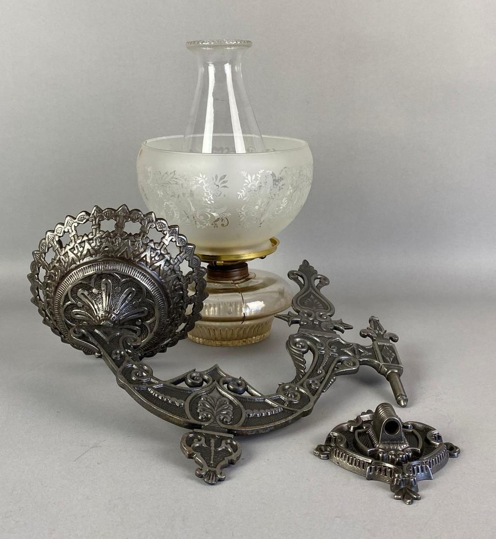 Antique Cast Iron Oil Lamp Wall Sconce: Features frosted Etched Glass Shade, lamp measures 12 inches tall, sconce arm measures 14 x 14 x 6 inches
