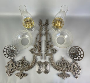 Group of 2 Antique Cast Iron Oil Lamp Wall Sconces