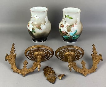 Group of 2 Antique Hand Painted Vase Sconces