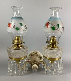 Antique Ornate Hand Painted Floral Motif Oil Lamp Wall Sconce