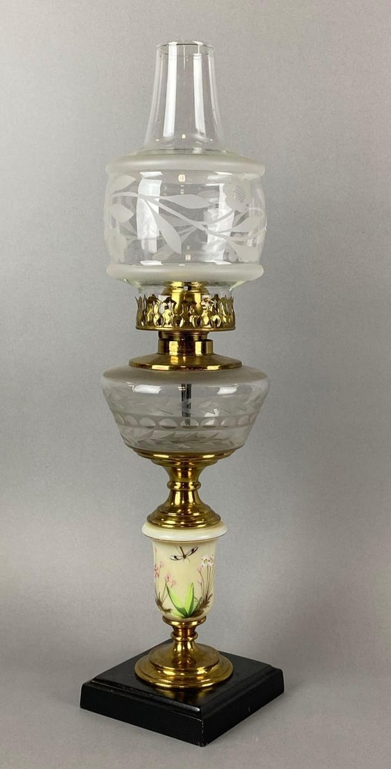 Antique Etched with Hand Painted Floral Motif Oil Lamp: Needs a good cleaning. Measures 20 1/2 x 6 x 6 inches.
