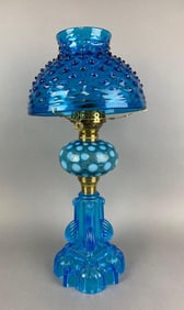 Antique Blue Coin Dot Hobnail Oil Lamp
