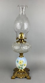 Antique Hand Painted Floral Motif Oil Lamp