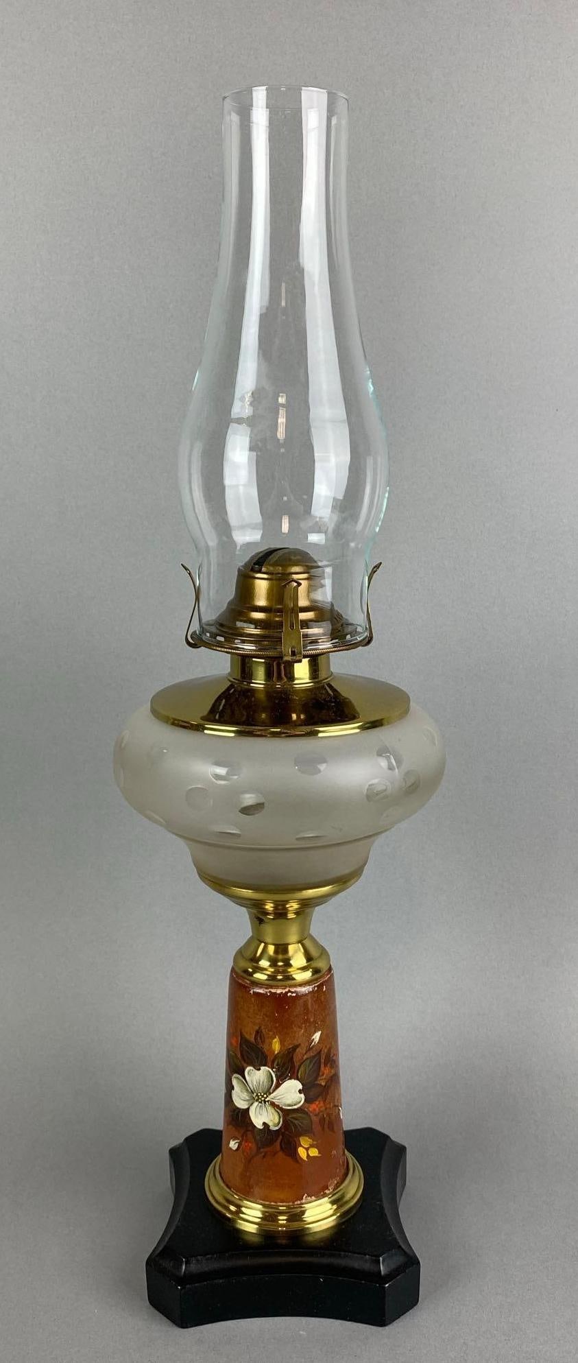 Antique Painted Floral Motif Oil Lamp: Bowl is cut to clear. Measures 20 x 6 1/4 x 6 1/4 inches.