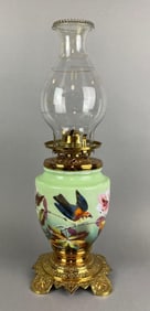 Antique Green Hand Painted Floral Motif Oil Lamp