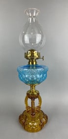 Antique Amber and Blue Glass Oil Lamp