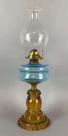 Antique Amber and Blue Glass Oil Lamp