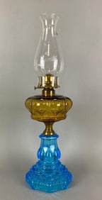Antique Amber and Blue Glass Oil Lamp