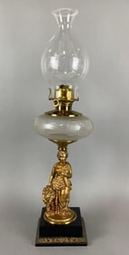 Antique Figural Woman and Lion Oil Lamp
