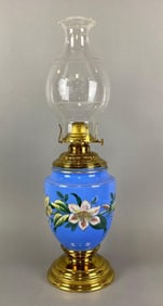 Antique Blue Hand Painted Floral Motif Oil Lamp