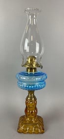 Antique Blue and Amber Glass Oil Lamp