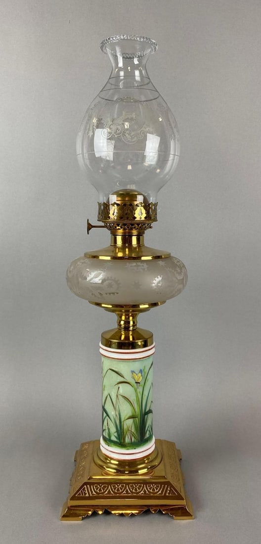 Antique Hand Painted Floral Motif Oil Lamp: Bowl is frosted. Chimney is painted. Measures 23 x 7 x 7 inches.