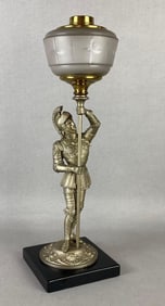 Antique Cast Metal Knight Frosted Glass Oil/Kerosene Lamp