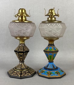 Group of 2 Painted Cast Metal Geometric Styled Oil Lamps
