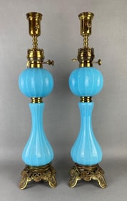Pair of 2 Blue Opaline Glass Electrified Table Lamps