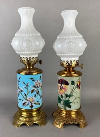 Group of 2 Brass and Floral Painted Glass Oil/Kerosene Lamps